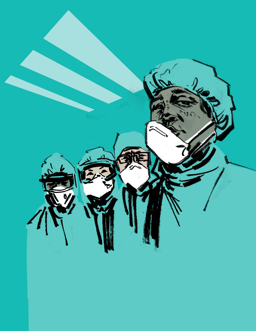 An illustration of doctors wearing PPE in a hospital